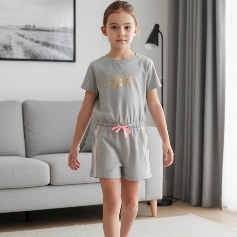 NWT Juicy Couture Girls Gray Pink Stripe Short Sleeve Short Romper - Size 8/10